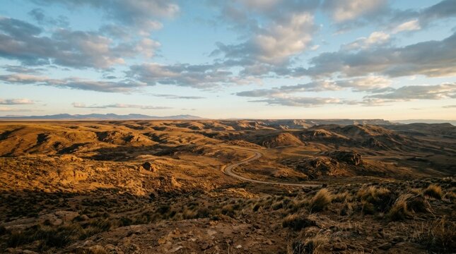 Winding dirt road through an arid desert landscape under a sunset sky
