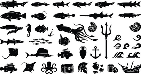 Fototapeta premium Antique nautical and deep sea creatures silhouette set including squid fish seashell anchor and trident elements