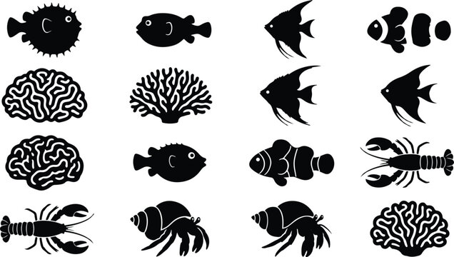 Tropical coral reef ecosystem silhouettes with clownfish angelfish brain coral and hermit crab vector elements