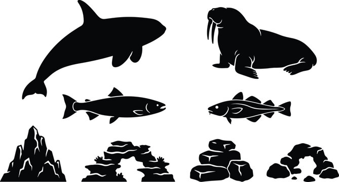 Arctic and cold water marine mammals silhouette set featuring walrus whale salmon fish and rocky arch elements