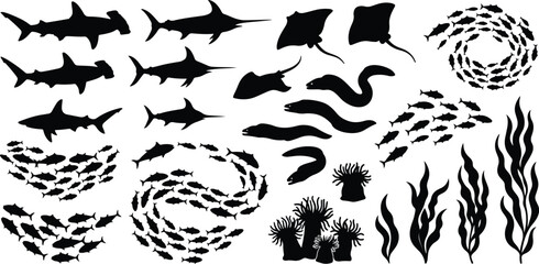 Marine predators and fish silhouettes collection featuring stingrays sharks eels and coral reef elements vector set © estia