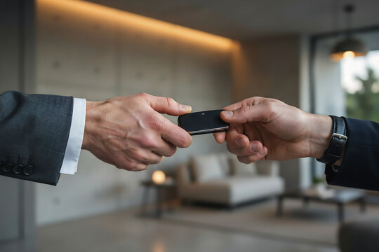 Hands Passing Electronic Car Key Fob in Modern Real Estate Luxury Office for Vehicle Dealership Sales Closing Premium Auto Rental Service and Business Executive Deal Handover