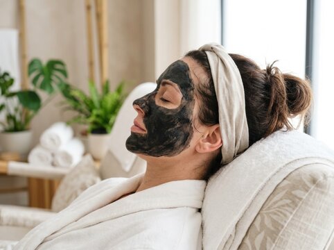 Woman relaxing with a black charcoal face mask in a modern spa clinic