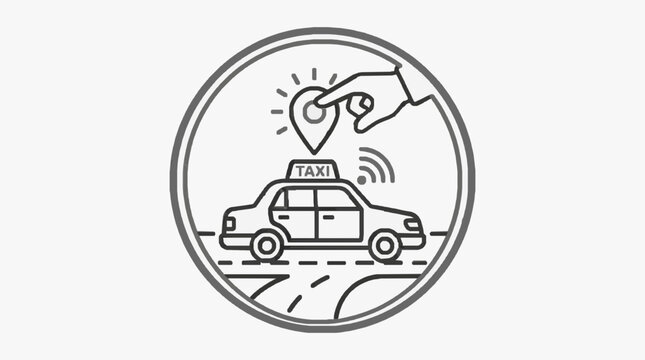 Clean Minimalist Black and White Taxi App Location Tracking Icon with Vehicle and GPS Pin with high quality professional line art symbols for modern creative design and digital branding projects