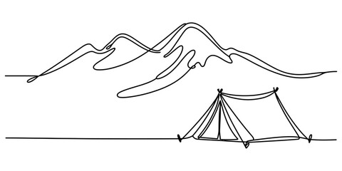Continuous single line drawing of a camping tent in front of high mountains © Ponchomy