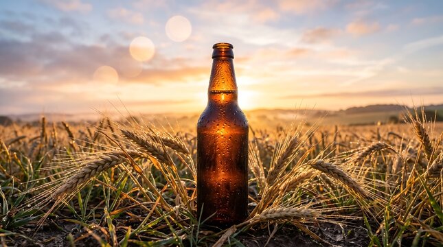 Cold glass beer bottle standing in golden wheat field during sunset with soft bokeh light effects.