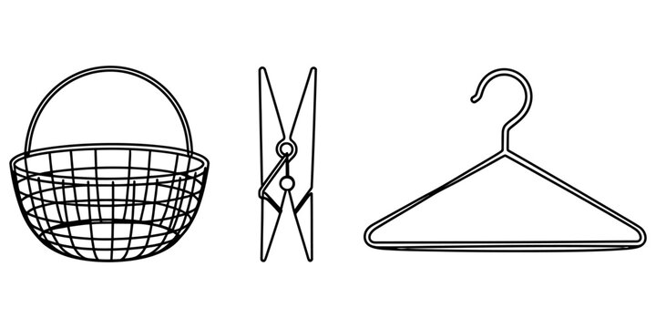 Set of laundry icons including a wire basket a wooden clothespin and a clothing hanger