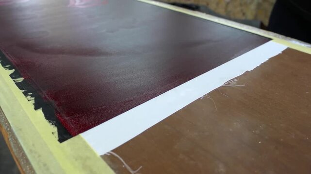 Close detail of a maroon dyed fabric edge meeting an untreated cream colored textile section
