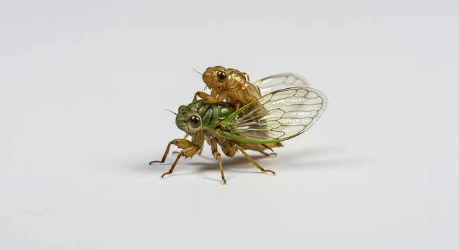 Two Cicadas Mating: A close-up shot showcases two cicadas in the act of mating, highlighting the intricate details of their exoskeletons and delicate wings in a stark, isolated setting.