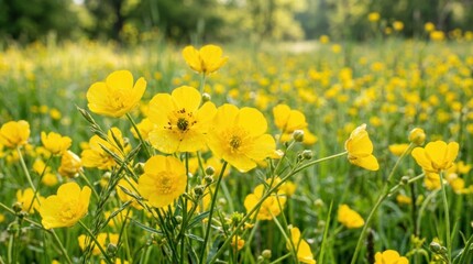 Obraz premium Yellow flowers in close-up with blurred background, ideal for serene copy space of a blurry background