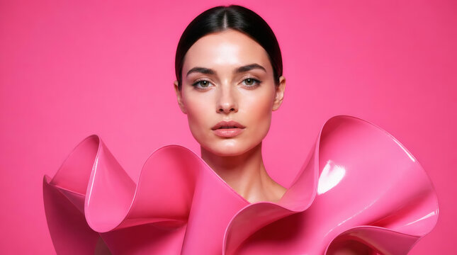 Elegant Female Model with Dramatic Pink Couture Fashion Piece Studio Portrait