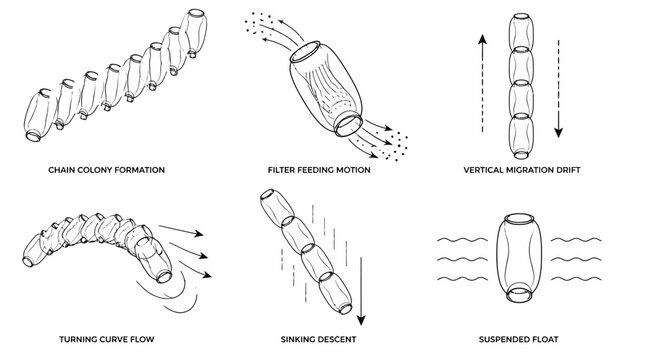 Salp colony behavior diagrams, marine biological movement cycle