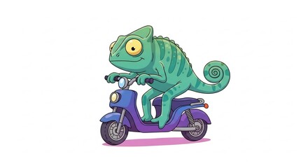 Obraz premium Chameleon Scooter Rider: A whimsical green chameleon with large eyes rides a purple scooter, looking curious and ready for adventure.