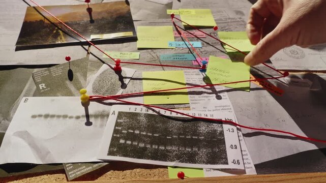Side shot of a detective placing a yellow sticky note among connected evidence, illustrating investigative planning, forensic analysis, and criminal case development.