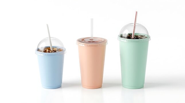 Three colorful plastic cups with straws and iced drinks for cold refreshment in summer. fountain soda cup