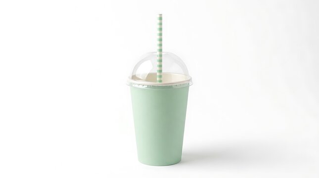 Light green paper cup with plastic dome lid and striped drinking straw for cold beverage drinks. fountain soda cup