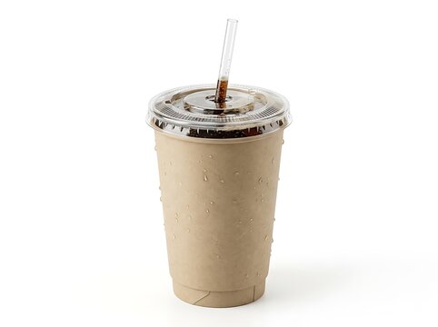 Cold iced coffee in a disposable paper cup with a clear plastic lid and straw for takeaway drink. fountain soda cup