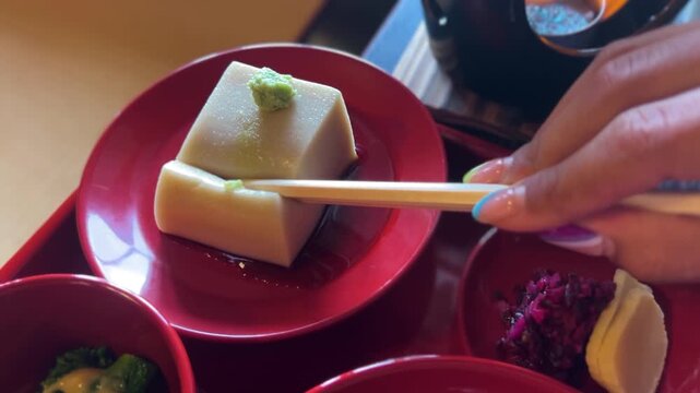 Cutting Japanese Tofu Side Dish Lacquerware