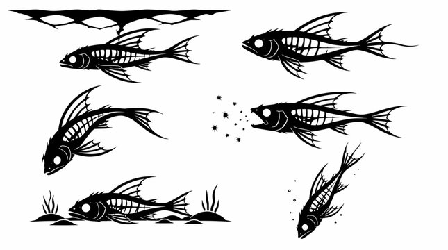 Skeleton fish silhouettes set with varied poses, dark gothic vector