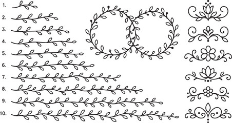 Decorative floral dividers wreaths and botanical line art elements © reged