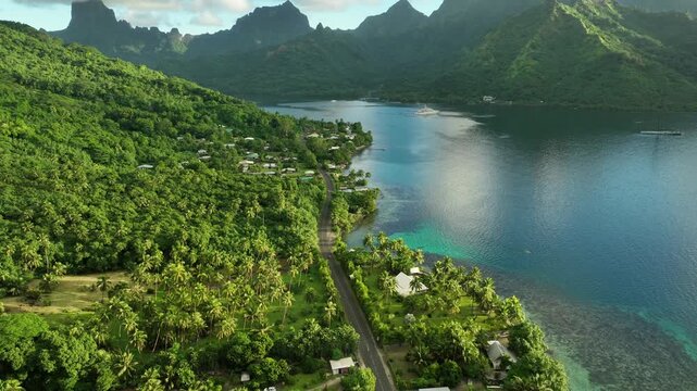 Dramatic jagged peaks rise above Ta&rsquo;ahiamanu Beach coastline in Moorea, coastal road winding past village houses toward calm turquoise bay dotted with anchored boats. Aerial drone wide shot