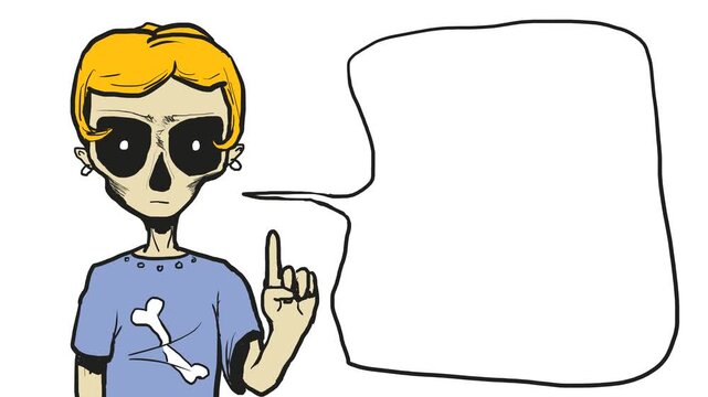 A cartoon character with a skeleton or skull instead of a face and a raised index finger is sternly conveying something, warning, or telling about something dangerous.