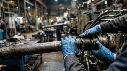 Fototapeta premium Industrial Worker in Factory Warehouse Handling Steel Fittings for Hydraulic Hoses: Manufacturing hoses