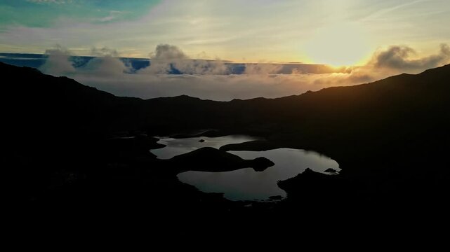 Sunset Aerial View, Tourism Portugal, Island Mountain Lakes, Remote Volcanic Landscapes, Corvo Crater