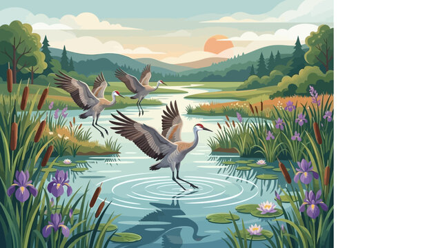 Cranes flying over marshland landscape at sunset
