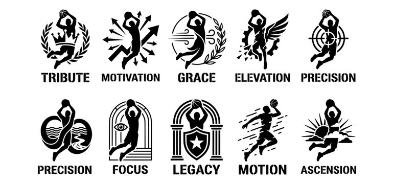Basketball Slam Dunk Silhouette Vector Set, Player Hanging on Rim Icons