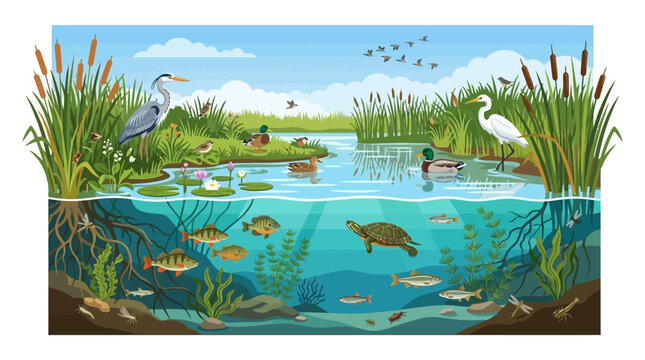 Diverse wetland ecosystem with aquatic wildlife and birds