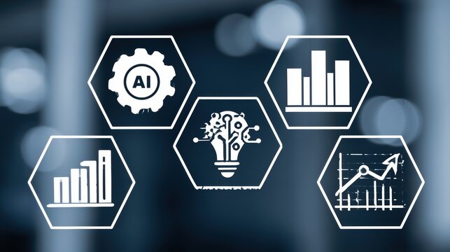 AI, Big Data, and business analytics icons represent the integration of advanced technology in analyzing graphs, business data, and market trends, driving strategic decisions and innovative solutions