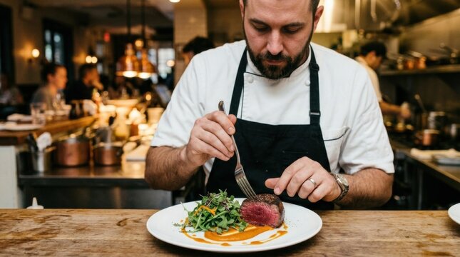 Precise Arrangement by a Skilled Chef: Creating Gourmet Meal with Care The professional chef carefully arranging fancy