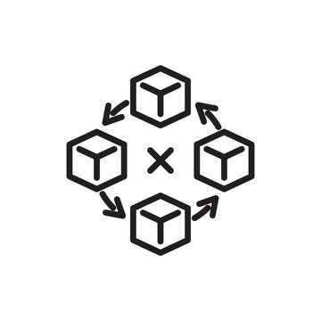 Lack of interoperability vector icon featuring four separate box structures arranged in a circular loop with arrows and a cross mark center. Representing system incompatibility and disconnected data.
