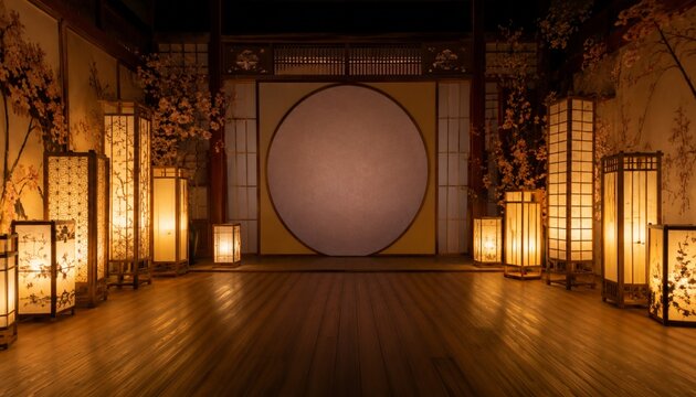Traditional Japanese Interior with Round Shoji Screen and Lanterns