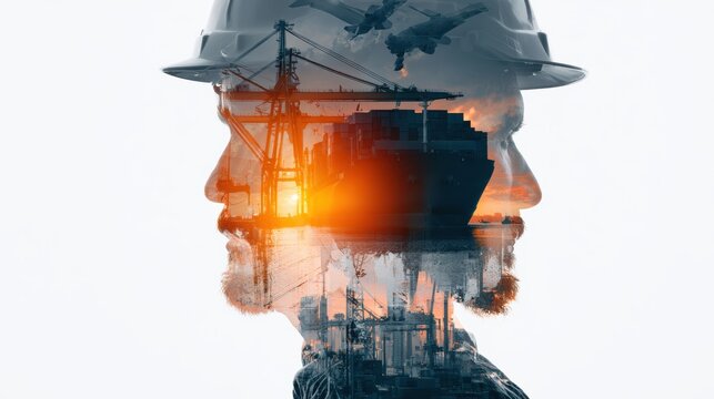 Double exposure photography of engineer man and the business Logistics and transportation of Container Cargo ship and Cargo plane with working crane bridge