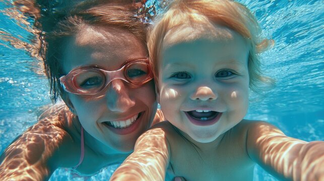 Cute smiling baby and mom having fun swimming and diving in the pool at the resort on summer vacation. Activities and sports to happy kid, family, holiday, 
