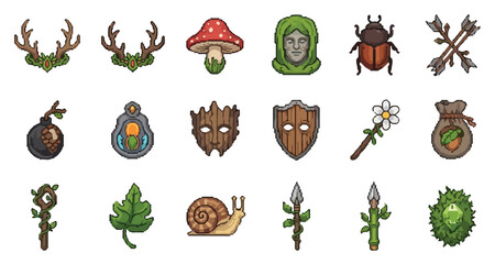 Fototapeta premium A set of eighteen nature-themed pixel art icons, featuring items like antlers, mushrooms, wooden masks, insects, and leafy gear on a white background.