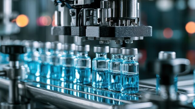 Medical vials on production line at pharmaceutical factory, Pharmaceutical machine working pharmaceutical glass bottles production line, health care, pandemic