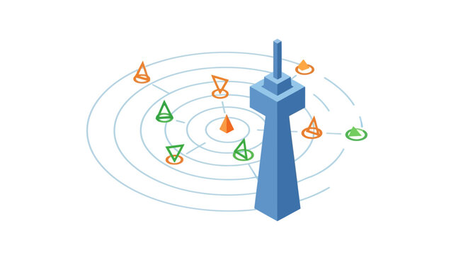 A blue tower with colorful orbiting icons.
