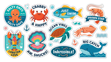 Cute Ocean Animals Stickers Set: Octopus, Crab, Fish, Turtle, Lobster, Whale © Laris