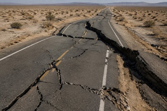 Aerial view of a cracked desert highway with severe lateral dislocation.