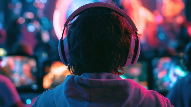 pro gamer man in headphones live streaming while playing online computer game, neon lights, esports,  gaming, monitor, play, young, player, internet, enjoyment, cyber,