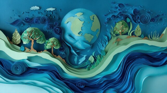 Ecology and world water day, Saving water and world Environment day, environmental protection and save earth water, Paper art
