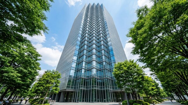 Sustainable Glass Office Building with Trees, Ideal for Reduced Carbon Emissions in green Ecofriendly