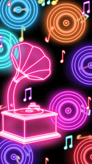 Fototapeta premium Neon wallpaper music with glowing gramofon and music notes