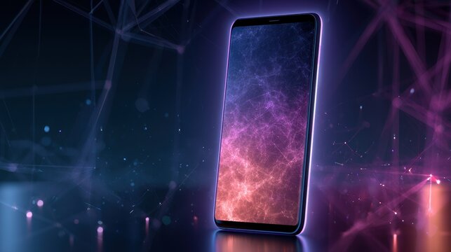 Smartphone on technology background. Neon glowing mobile phone on abstract dark background. Futuristic network connection