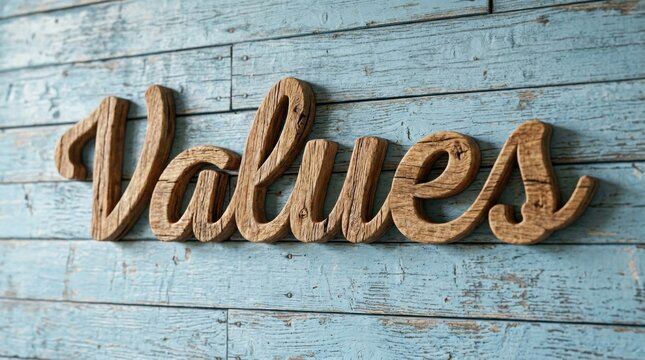 Values Text on Wooden Planks for Ethics, Principles, and Moral Compass Concept. Wood Planks: Concept
