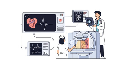 Fototapeta premium Medical team operating advanced diagnostic equipment for patient care.