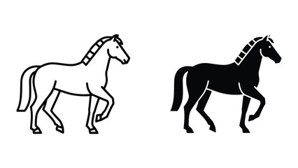 Fototapeta premium Walking Horse Silhouette and Outline Vector Illustration in Minimalist Black and White Graphic Style